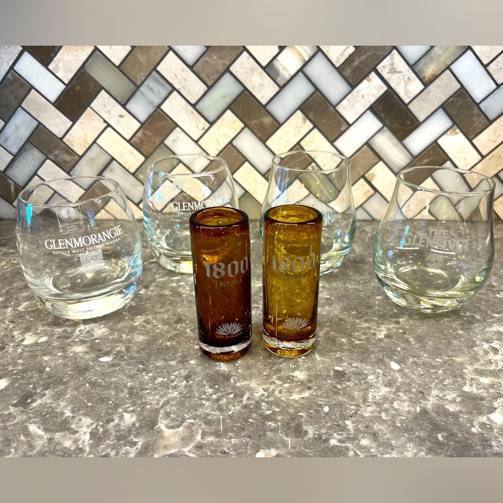 Bundle of glasses: Glenlivet, Glenmorangie, and Quervo 1800
